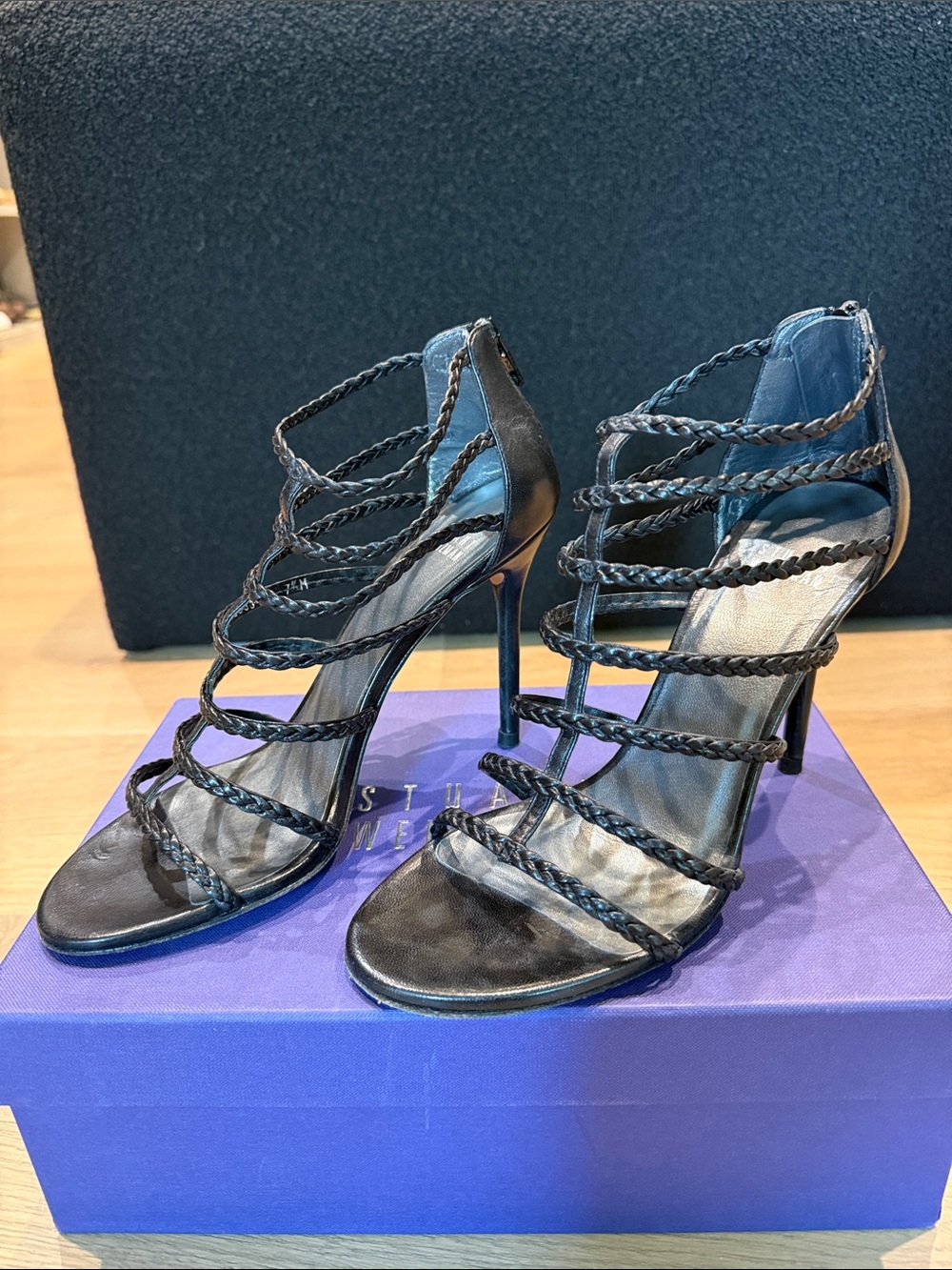 Stuart Weitzman Truelove Braided Leather Strappy Heels - Black Nappa - Size 7.5
